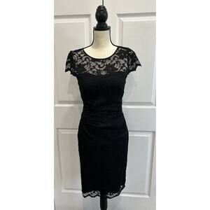 ELIZA J Sheath Black Lace Sheath Gathered Front Lined Open Back Dress Size 4